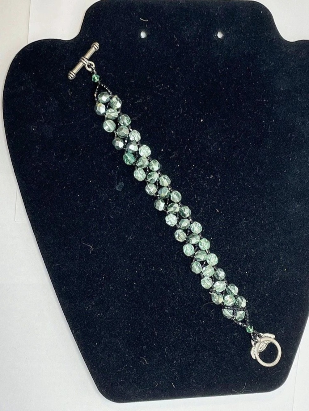 Handmade Iridescent Sage Black Crystal & Seed Bead Cuff Bracelet Toggle Closure